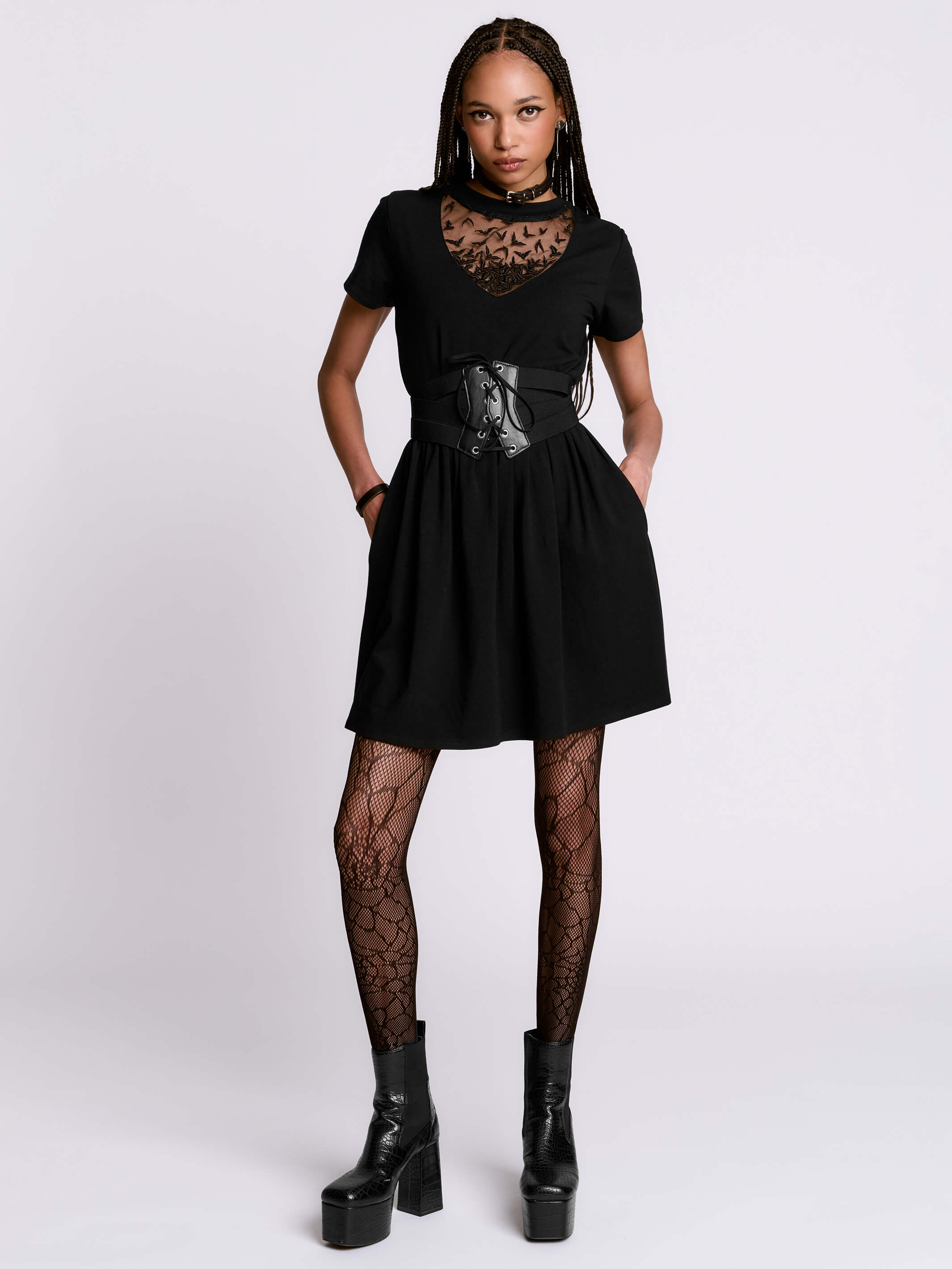 bat embroidered babydoll dress