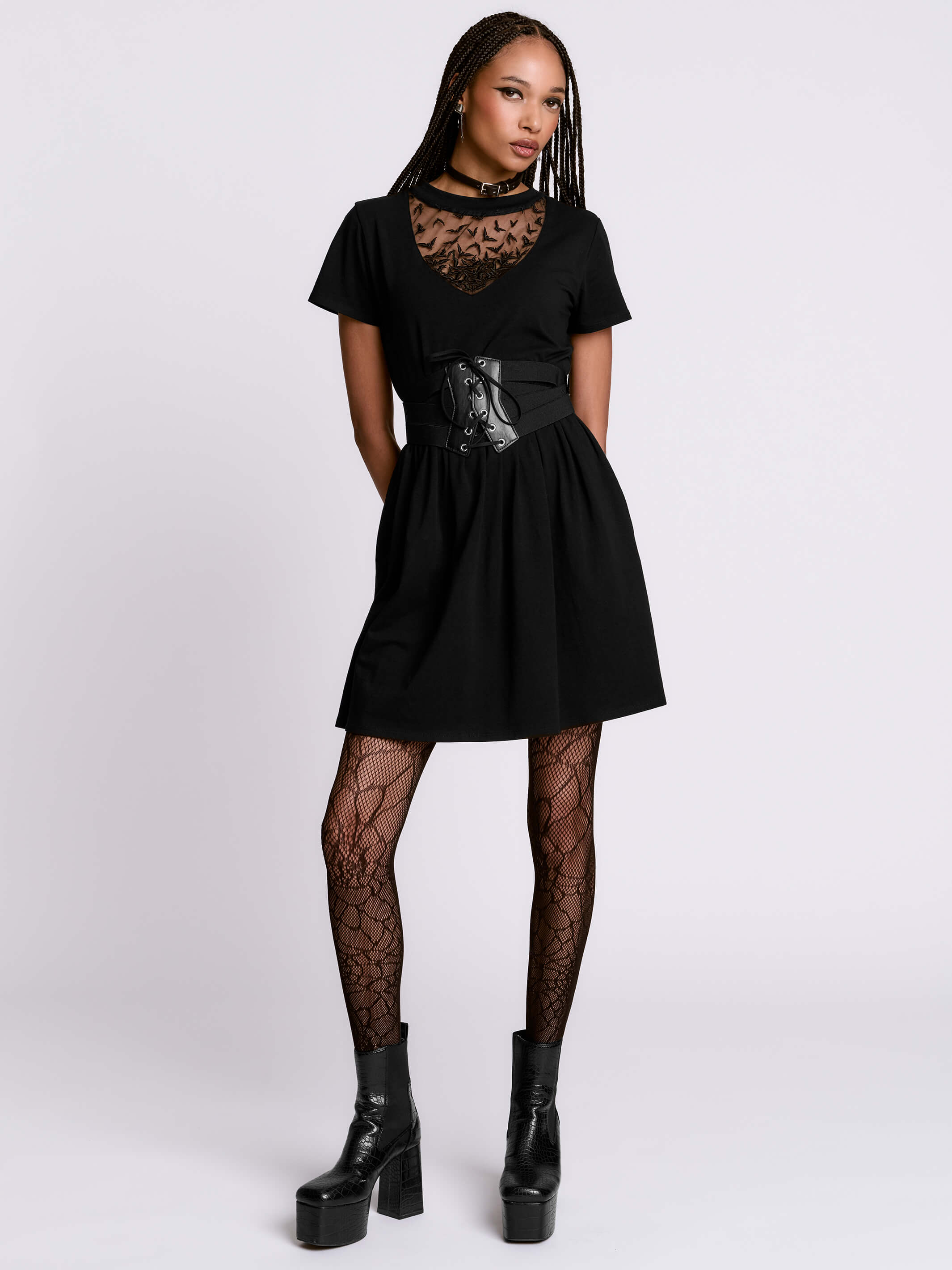 bat embroidered babydoll dress