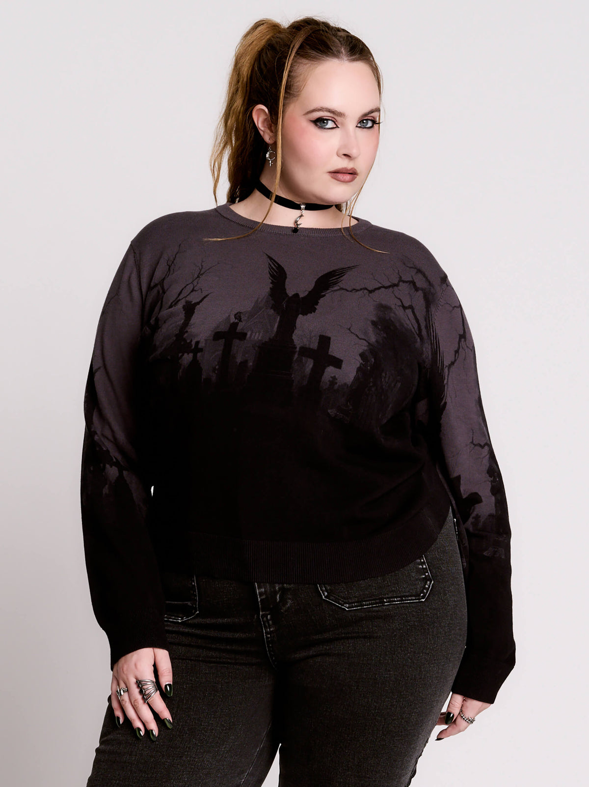 cemetery silhouette and a winged angel statue—spans the chest and sleeves, with a moody light charcoal ombré fade into deep black.