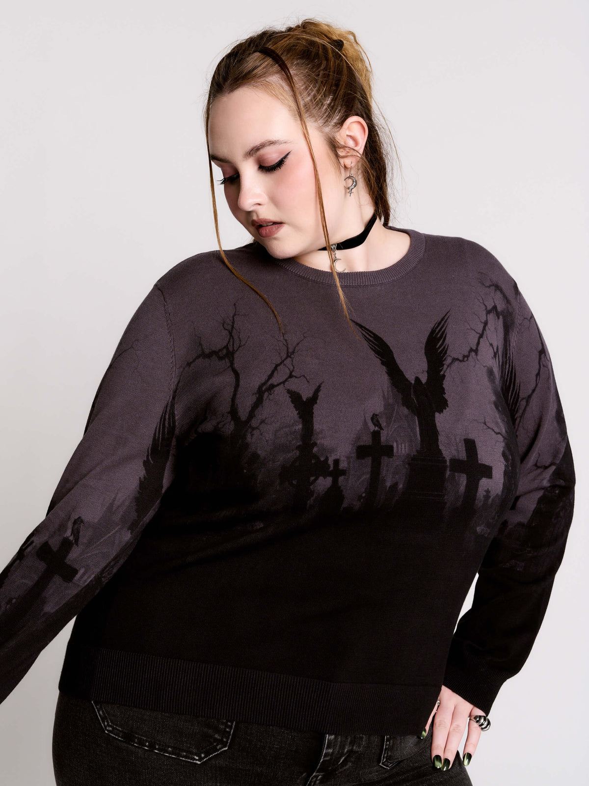 cemetery silhouette and a winged angel statue—spans the chest and sleeves, with a moody light charcoal ombré fade into deep black.