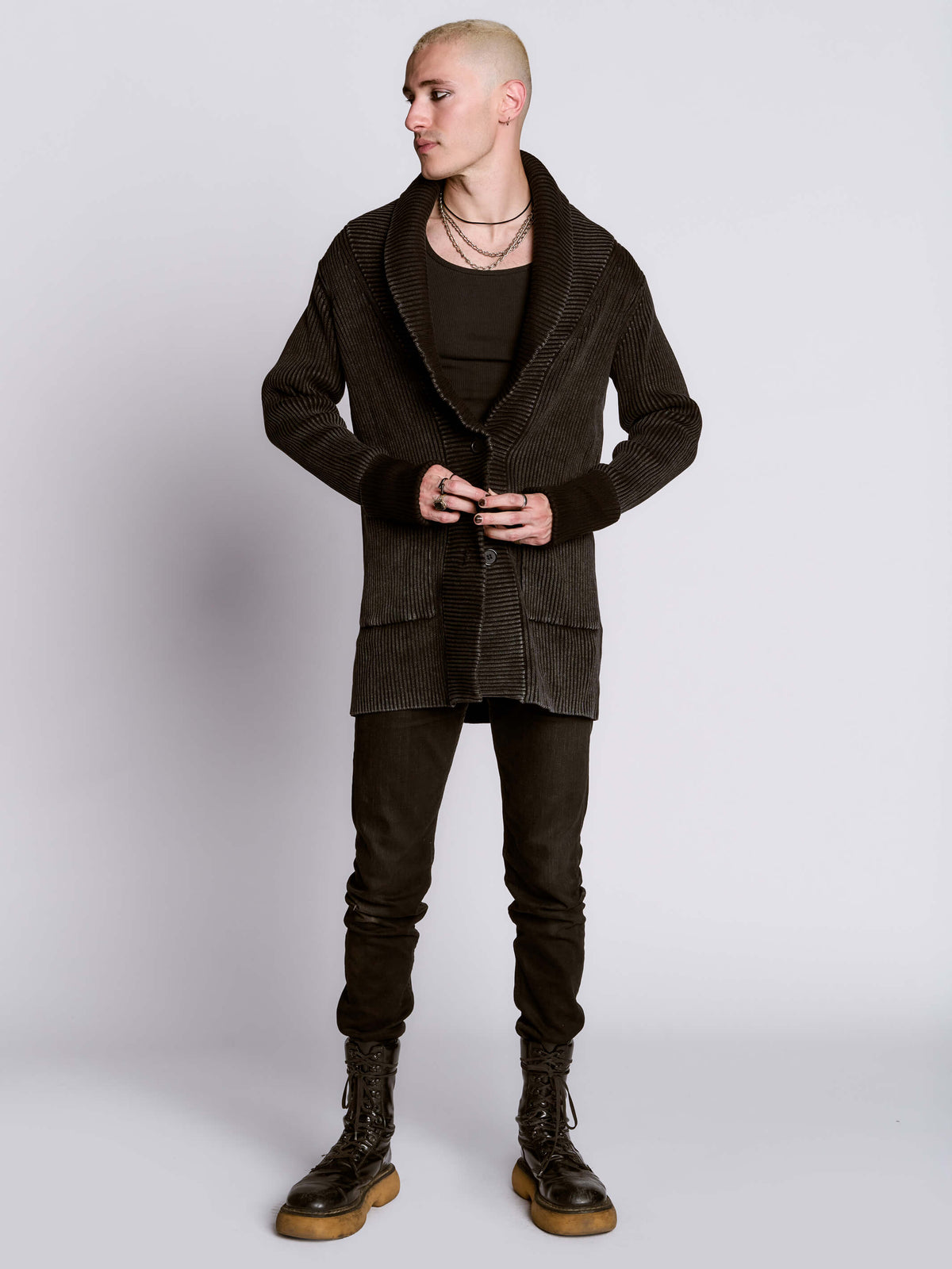DISTRESSED RIB CARDIGAN