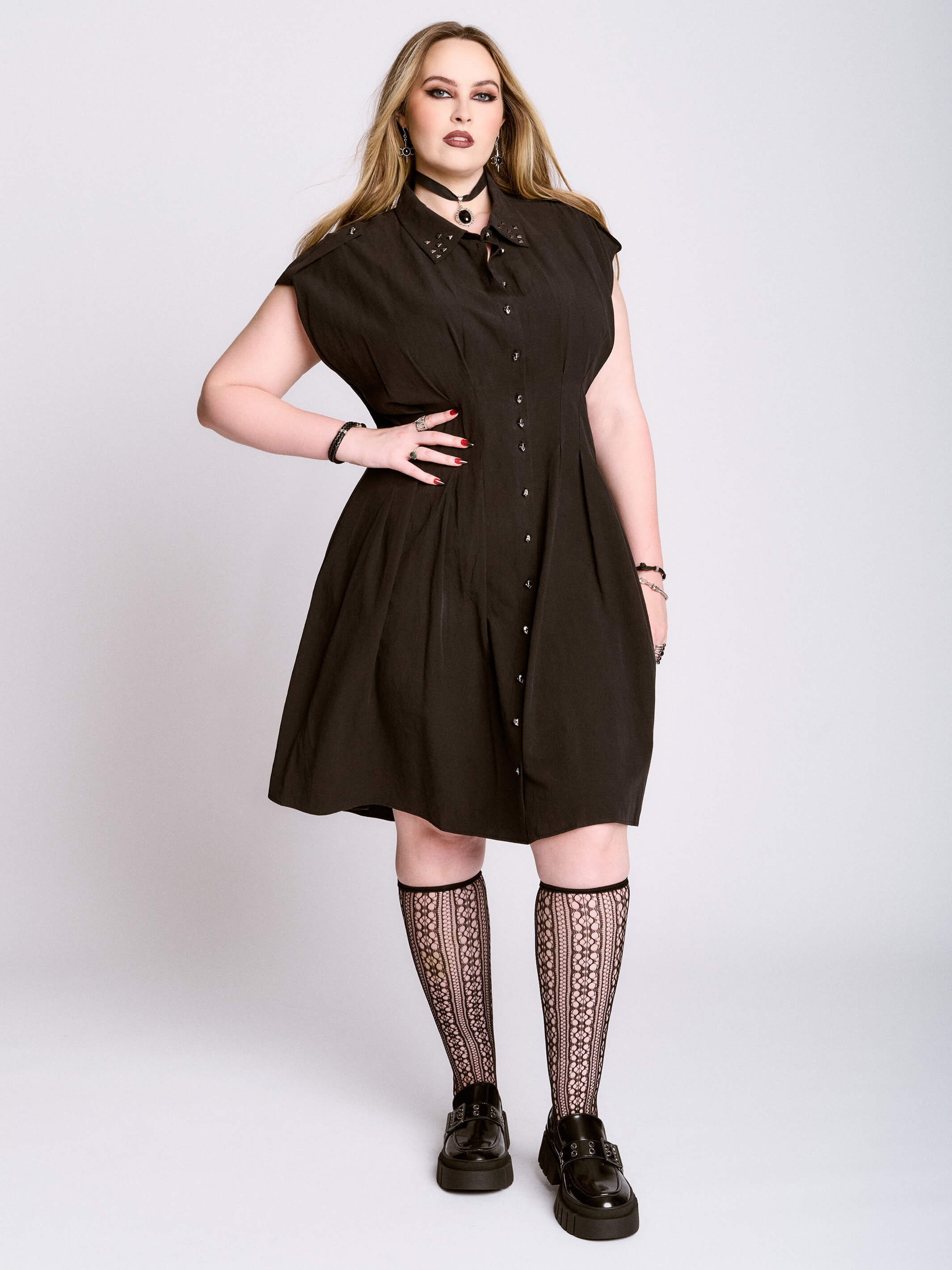STUDDED SKULL BUTTON DRESS