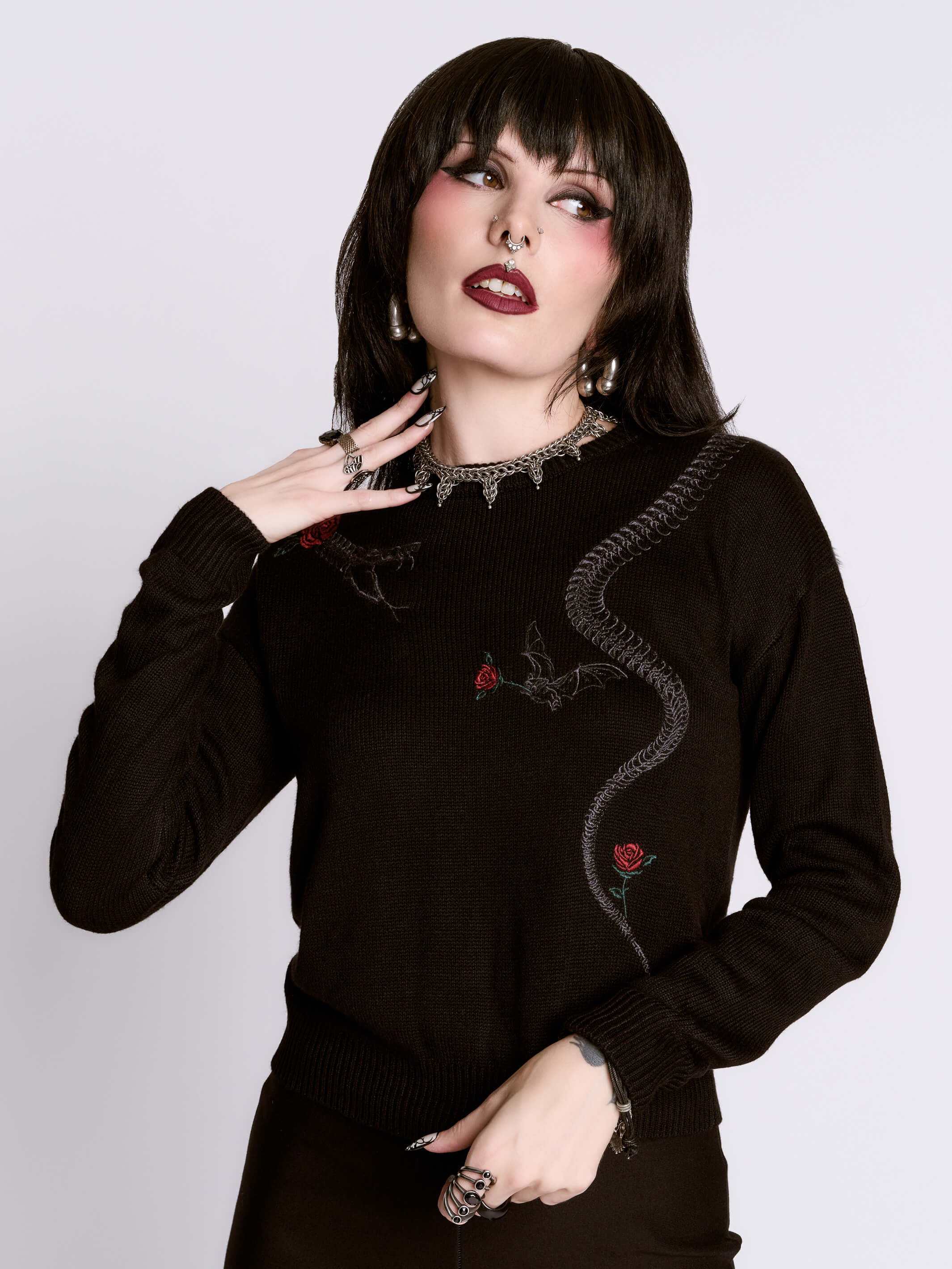 Embroidered Snake Rose Sweater
