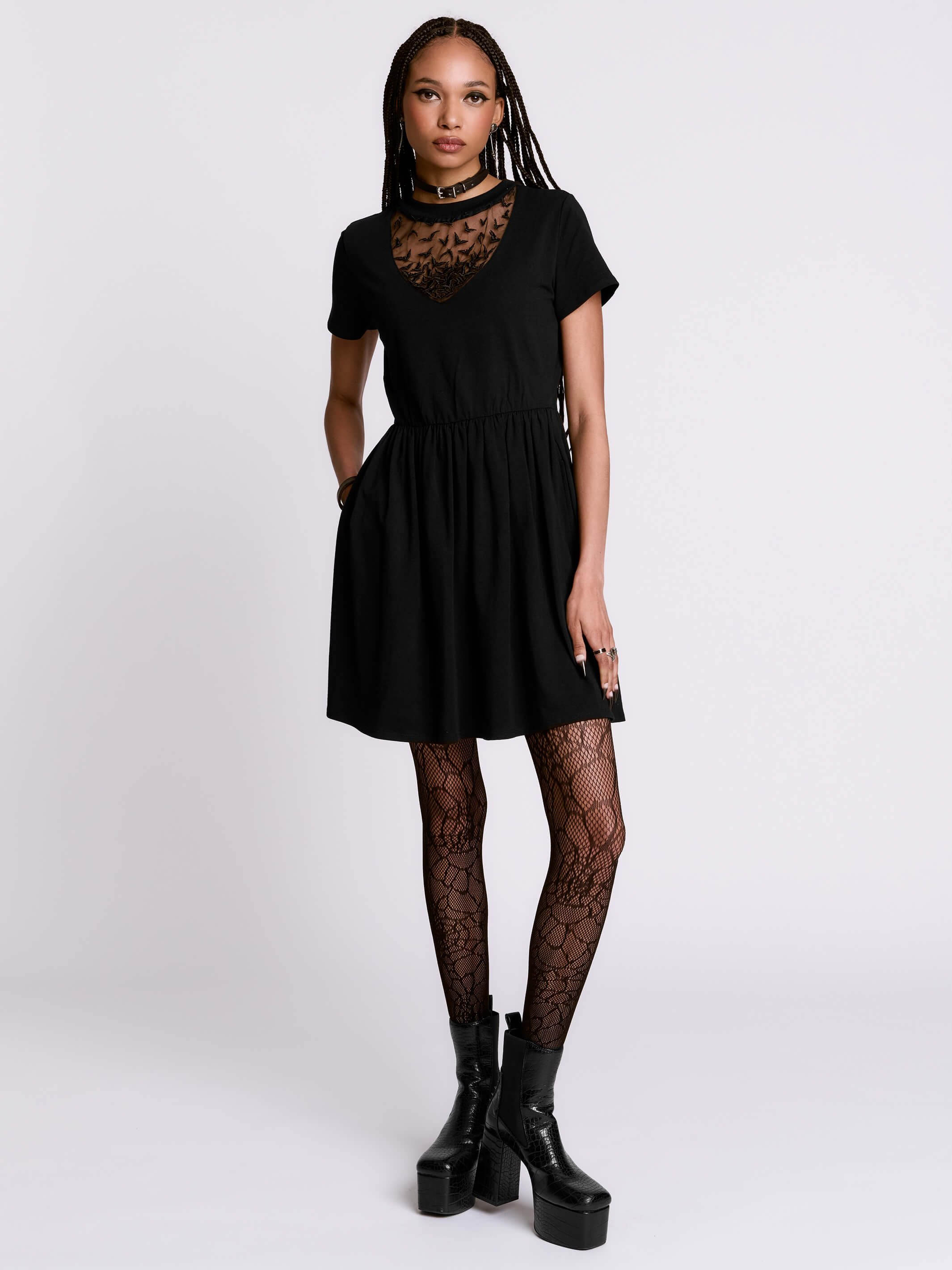 bat embroidered babydoll dress