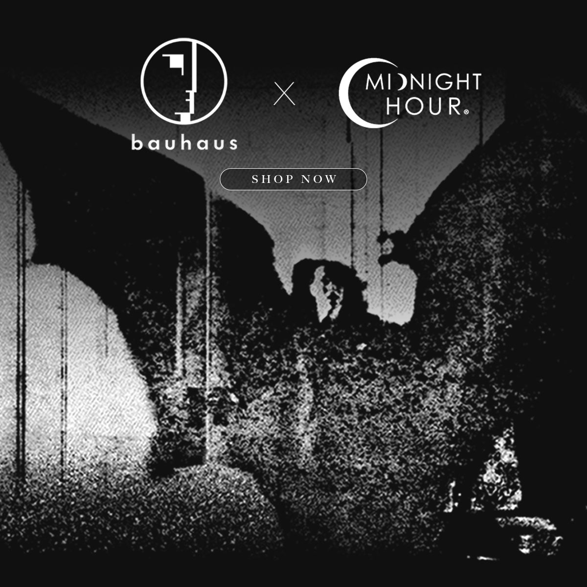 Black and white image with 'bauhaus' and 'Midnight Hour' branding, featuring a person in a dark room.
