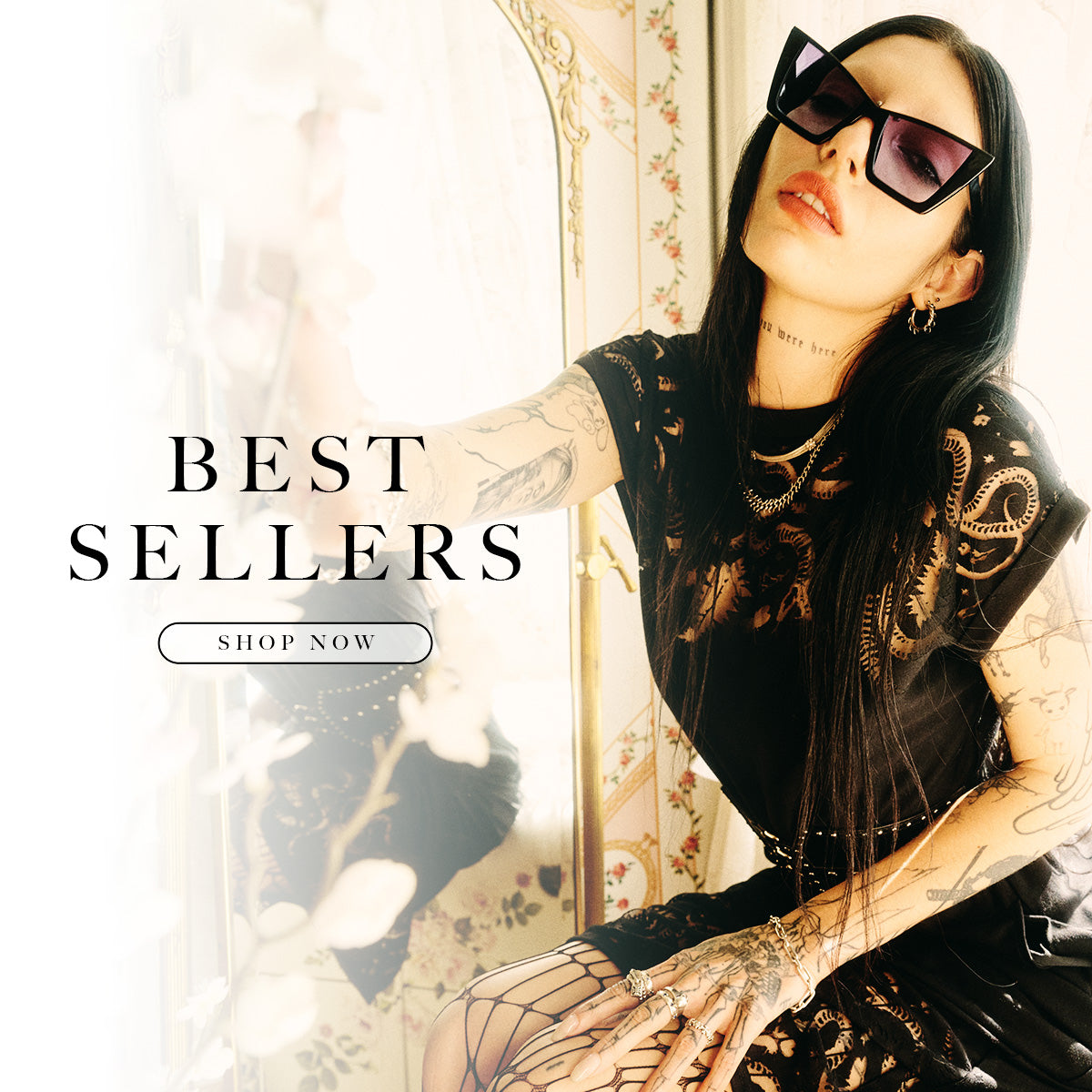 Woman wearing sunglasses with 'Best Sellers' text and 'Shop Now' button in the corner.