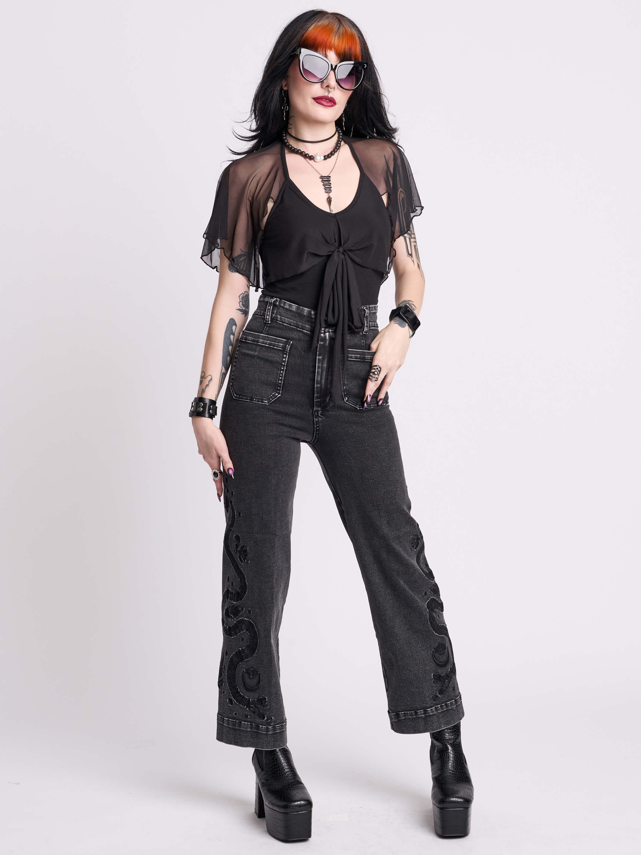 EMBROIDERED DISTRESSED DENIM