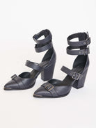 pointed toe block heels with buckle details and back zipper