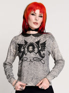 gray marled long-sleeve shirt with a black dragon graphic and a printed Peter Pan collar