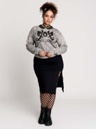 gray marled long-sleeve shirt with a black dragon graphic and a printed Peter Pan collar