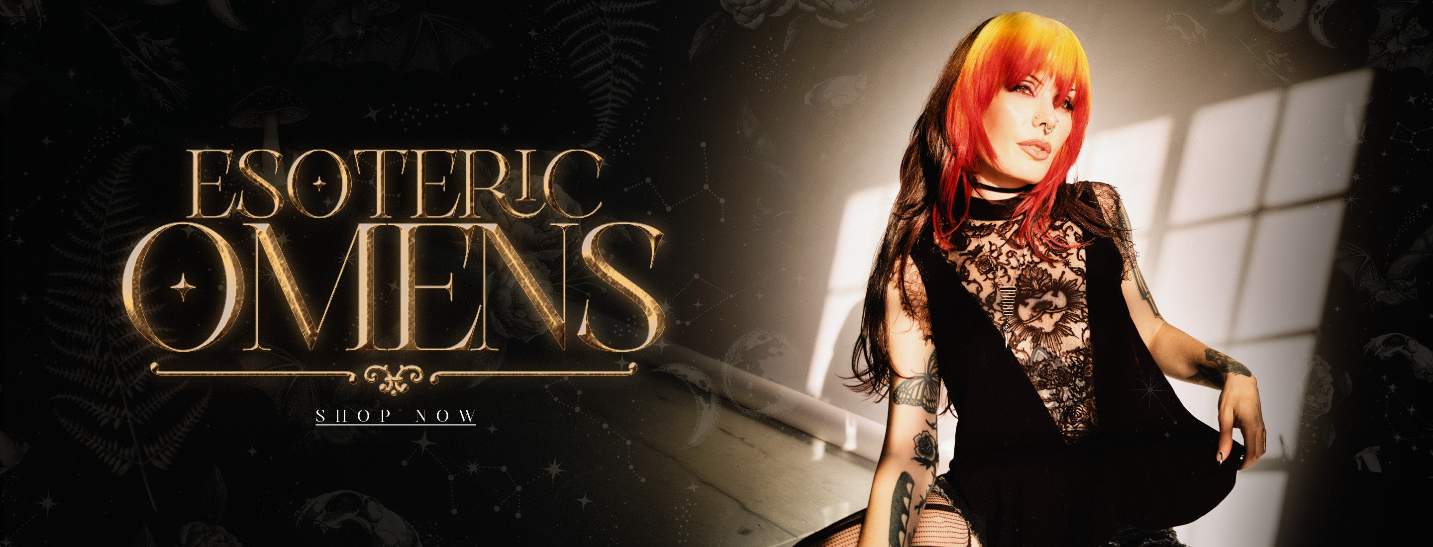 Promotional banner for 'Esoteric Omens' with a person in a dark outfit and red hair.
