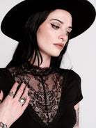 A black short-sleeve dress with a lace V-neckline.
