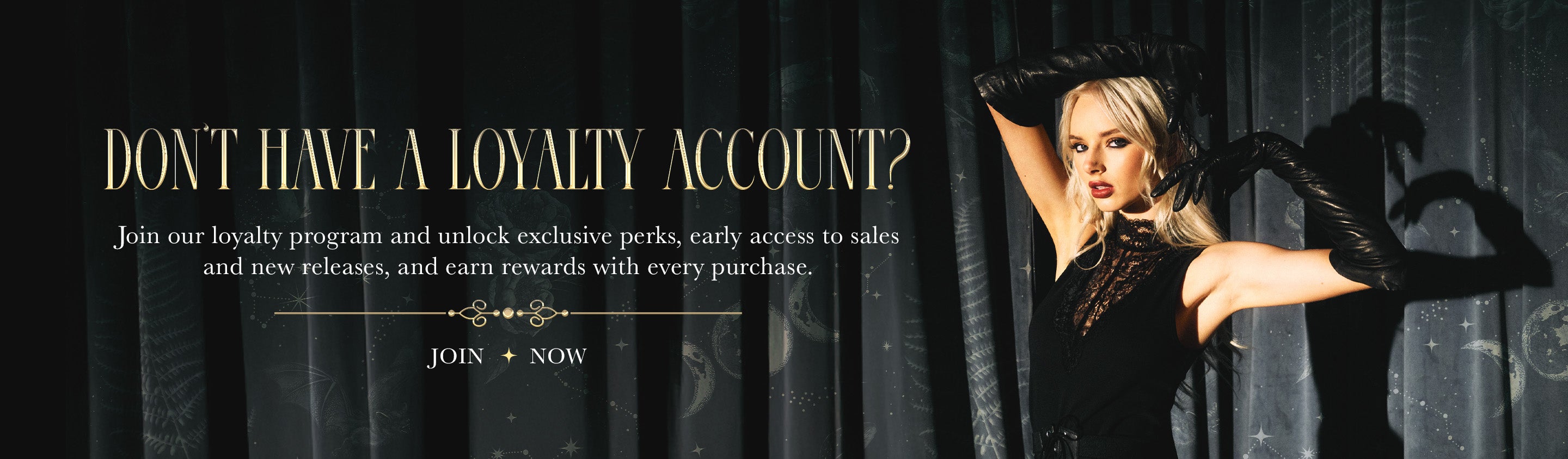 Promotional banner for a loyalty program with a woman in a black dress against a dark background.