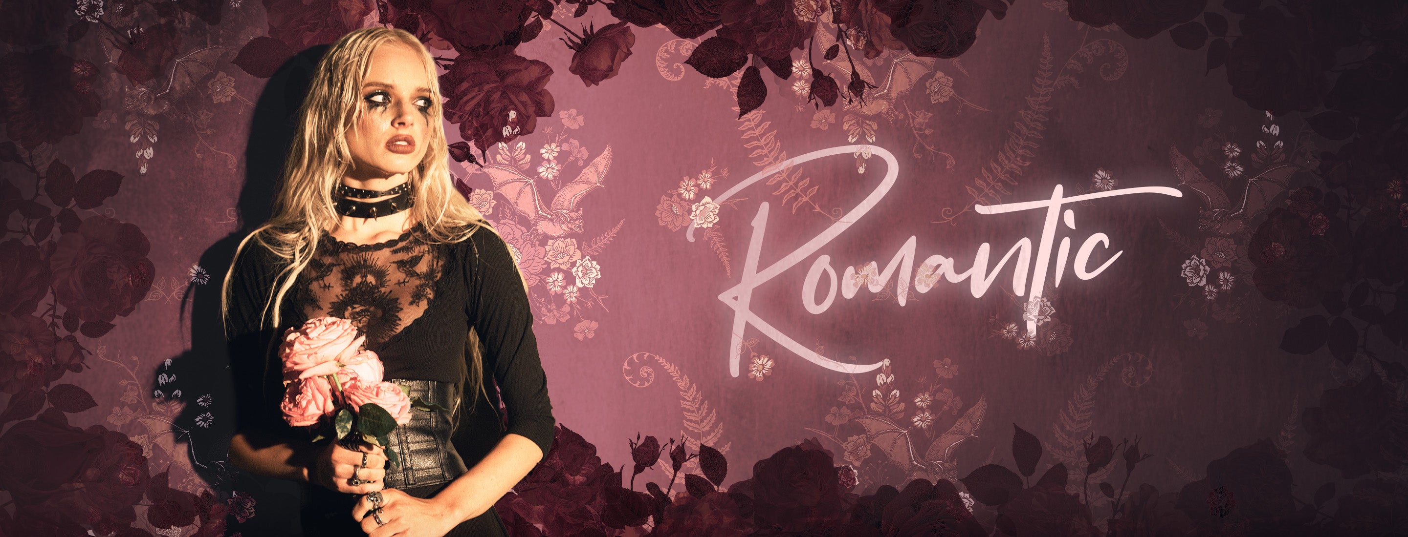 Woman holding flowers with 'Romantic' text on a floral background