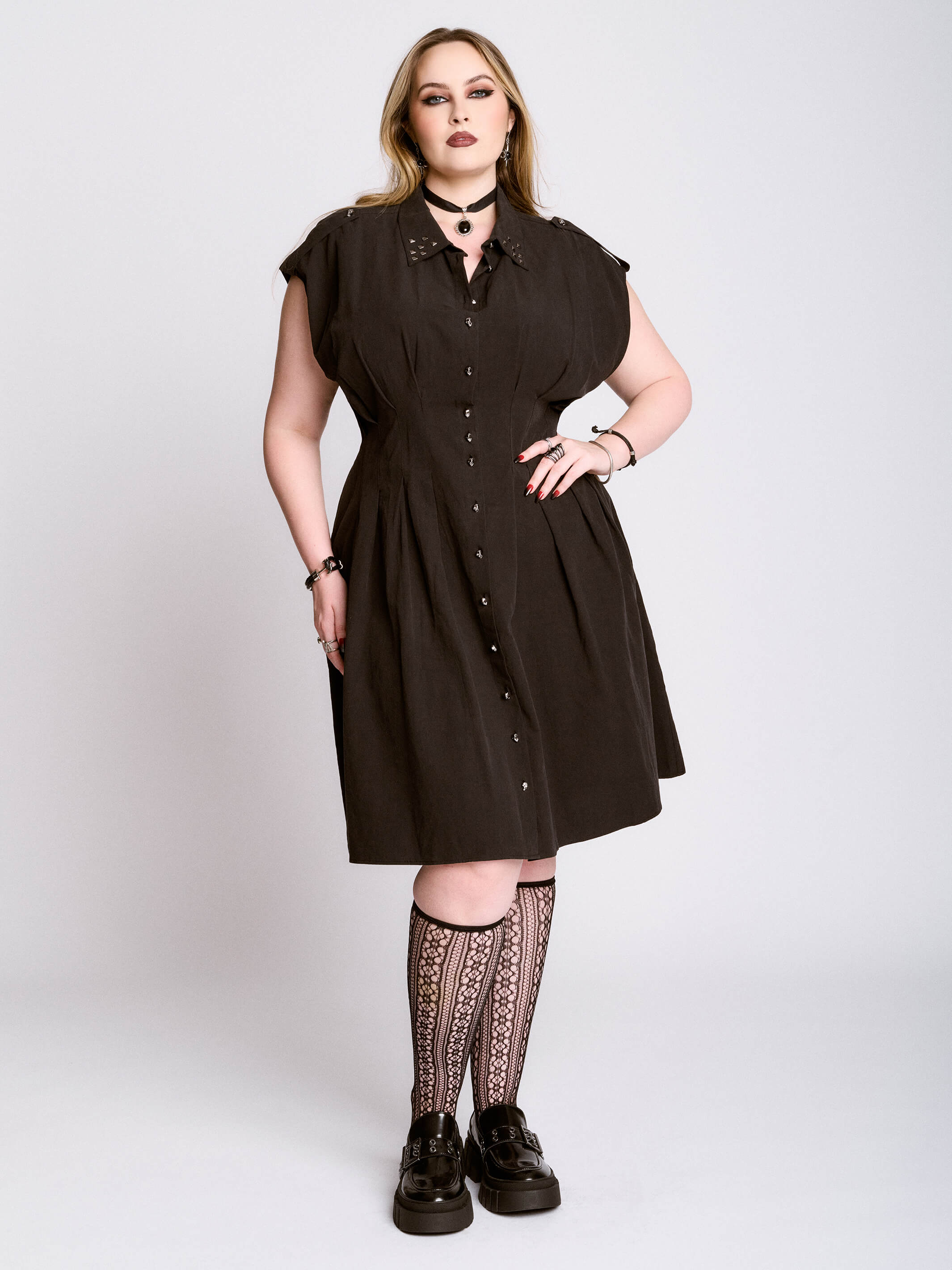STUDDED SKULL BUTTON DRESS