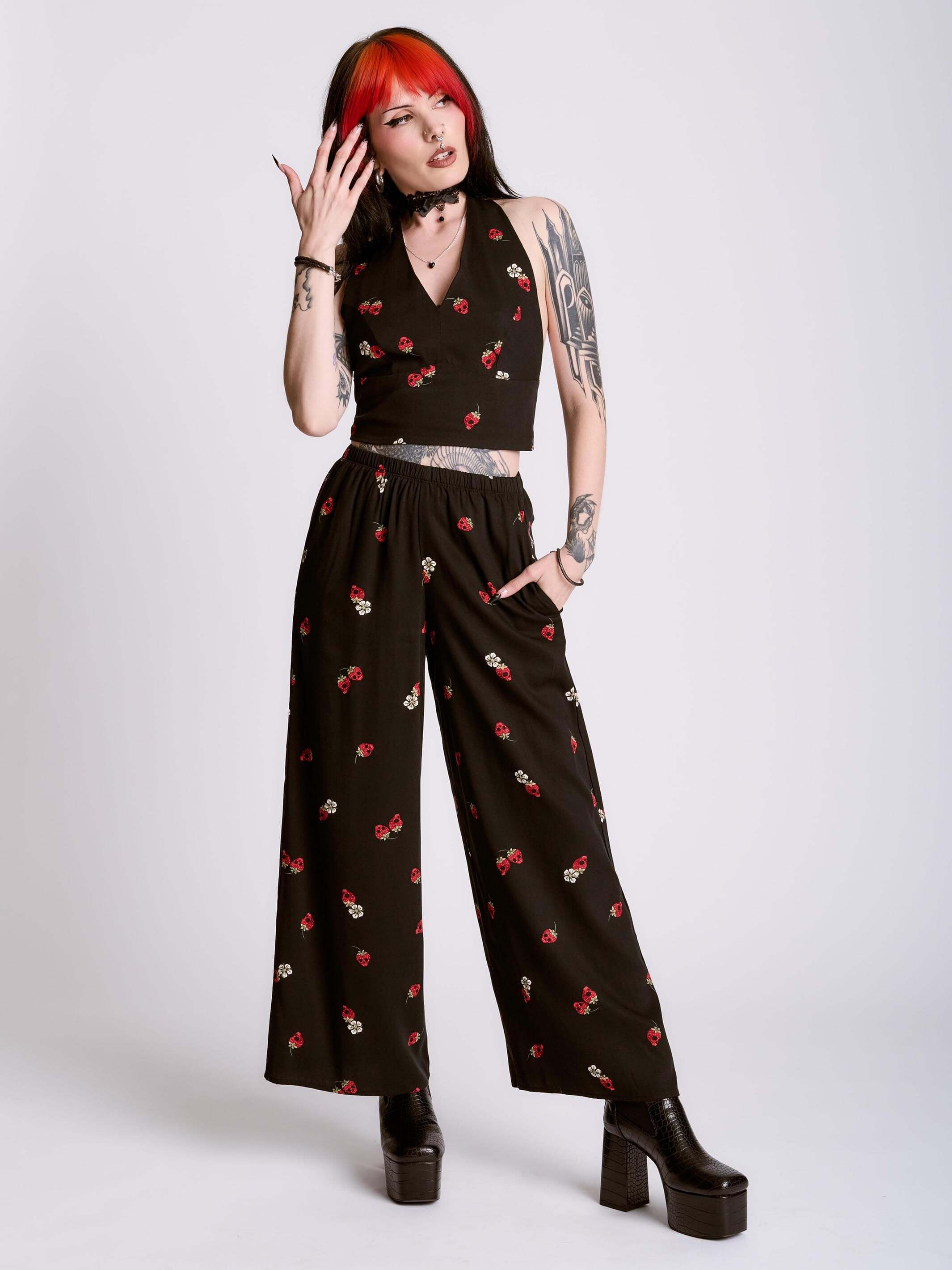 STRAWBERRY SKULL PALAZZO PANTS