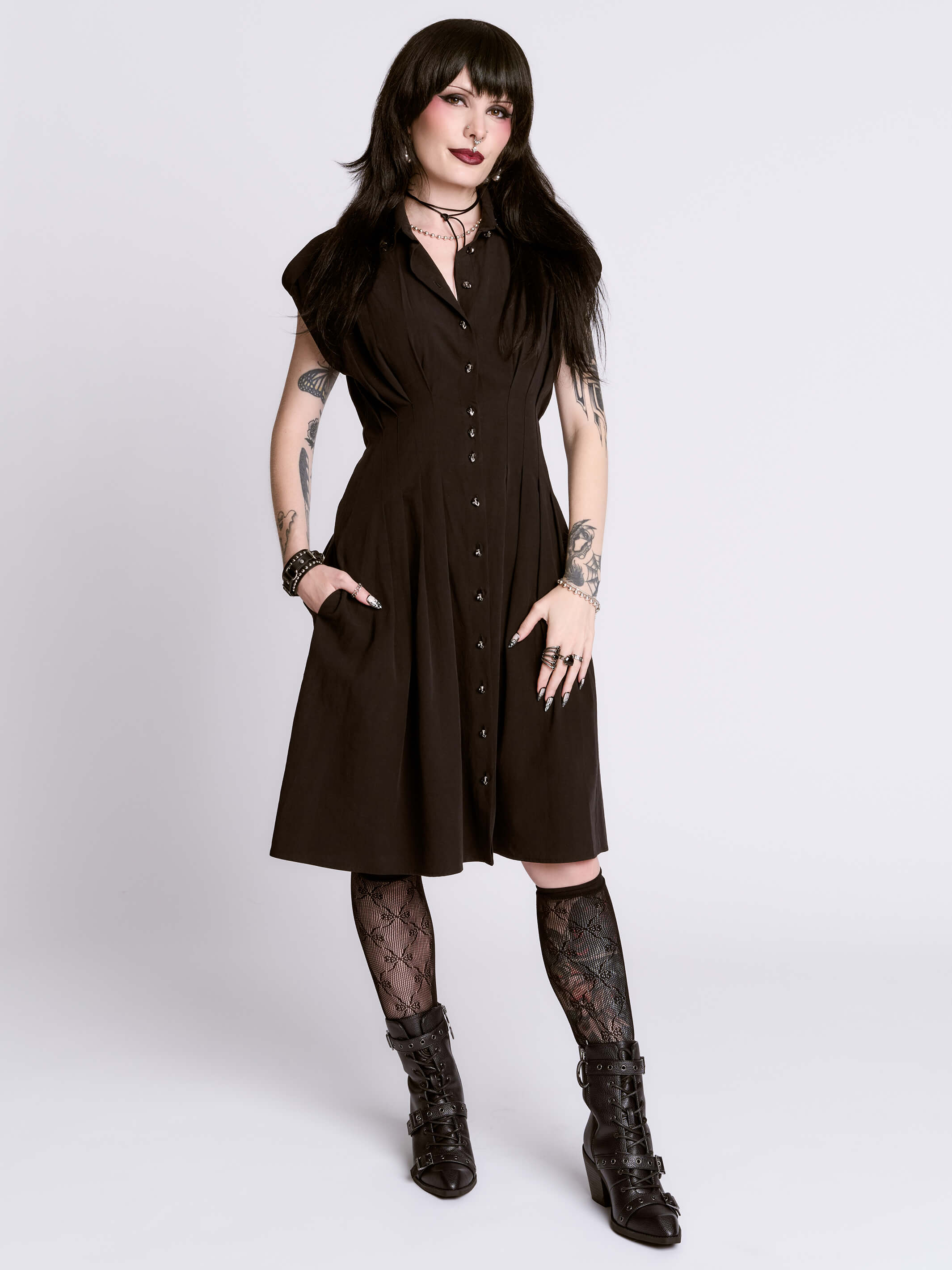STUDDED SKULL BUTTON DRESS