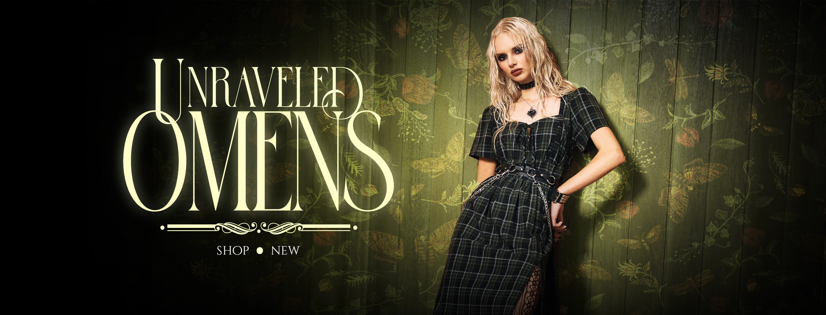 Banner for 'Unraveled Omens' with a woman in a plaid black and green dress against a dark background.