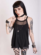 black tank with sheer back panel embroidered with spine motif