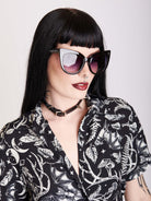 oversized cat eye sunglasses and with clean slick lines, featuring our signature Crescent Moon Logo on front right corner and Midnight Hour logo on the side. 